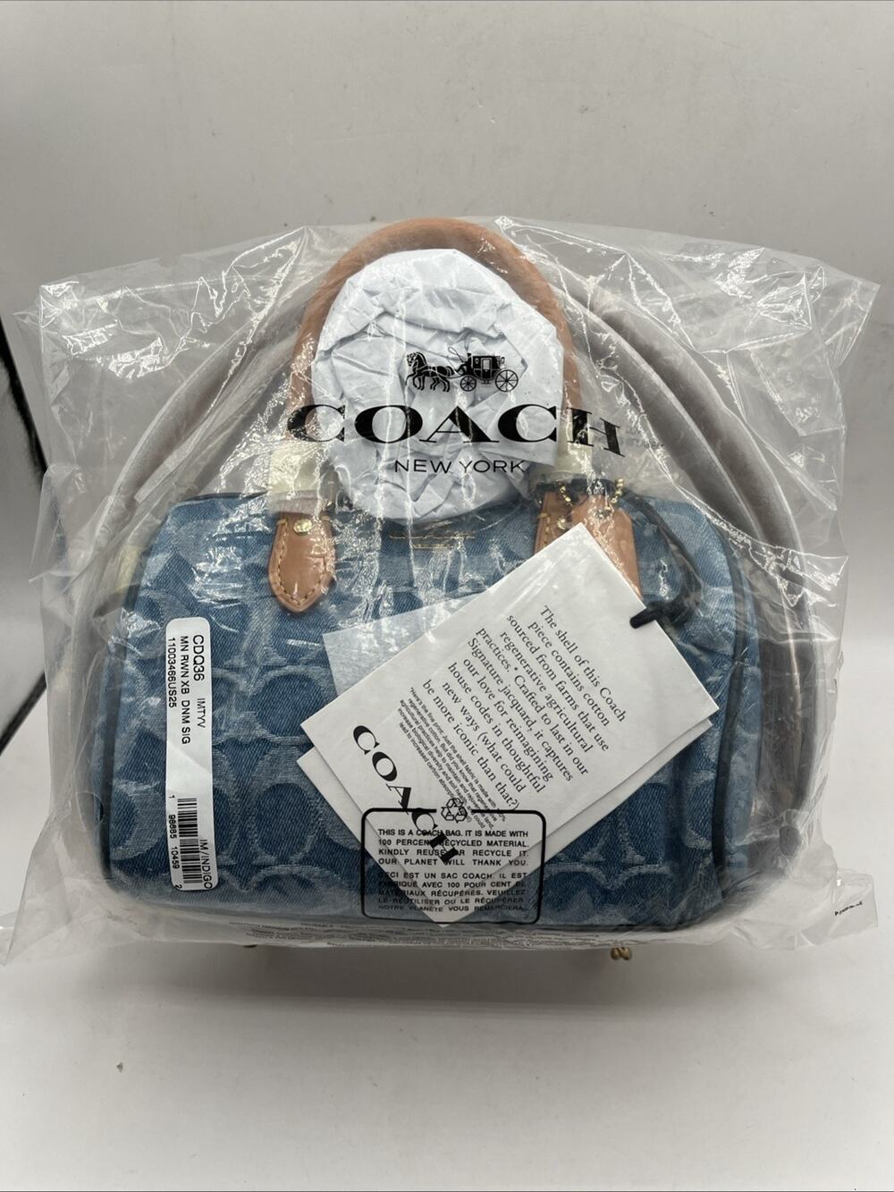 COACH CDQ36 Mini Rowan Crossbody Bag Blue Signature Denim Brown Leather Handbag